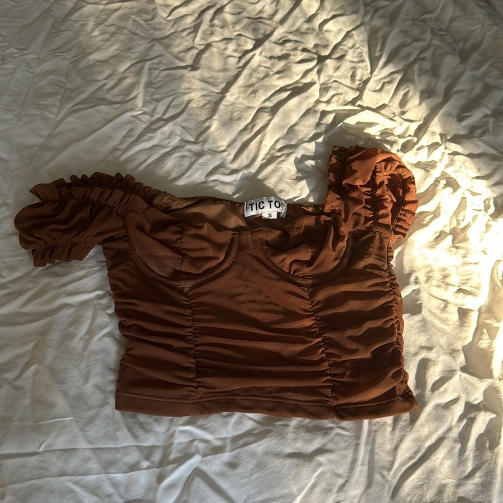 brown off the shoulder top mesh